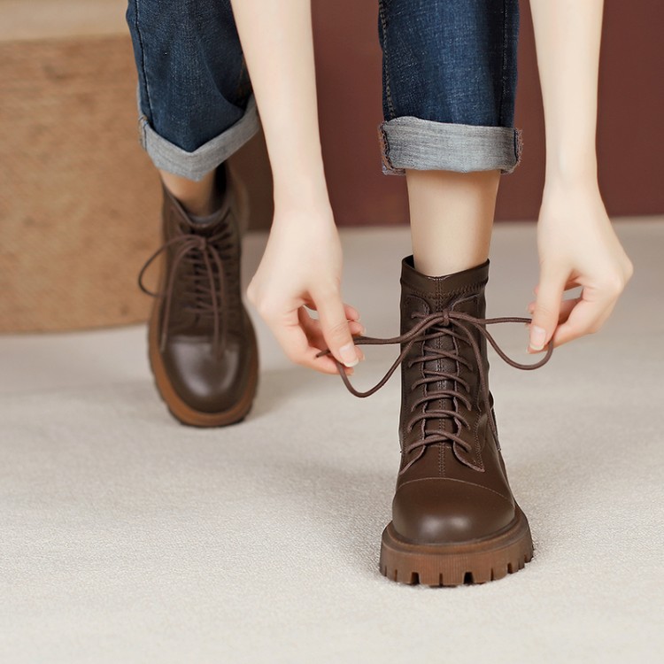Korean Style Low Heel Moto Boots with Color Block Stitching