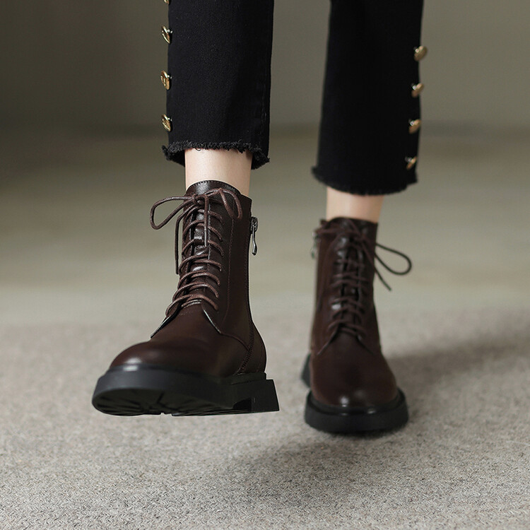 Women's Genuine Leather Moto Boots with Side Zipper