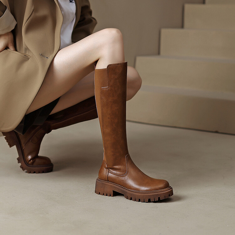 Women's Brown Black Knight Boots Low Heel Flat Round Toe Side Zip High Shaft