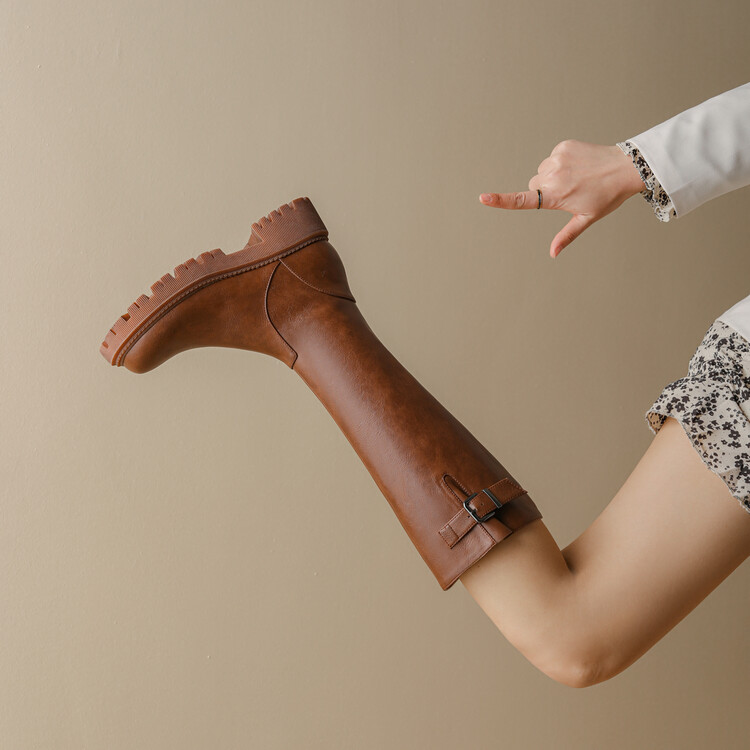 Women's Brown Black Knight Boots Low Heel Round Toe Side Zip High Shaft