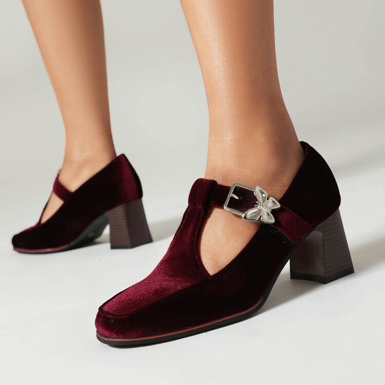 Mary Jane Shoes Suede High Heel Square Toe Buckle Strap