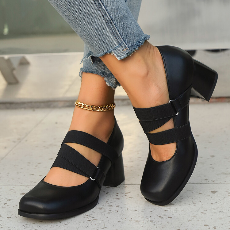 Mary Jane Shoes with Cross Straps and Chunky Mid Heel