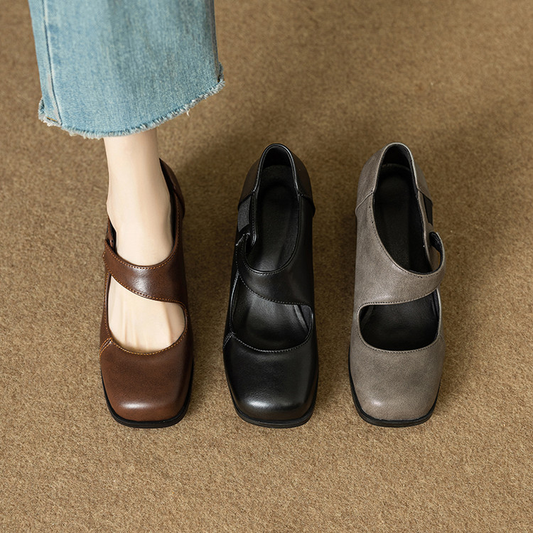 Mary Jane Shoes Retro Chunky Mid Heel Square Toe Elastic Strap