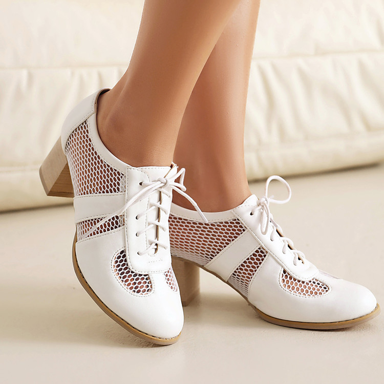 Women's Fashion High Heel Mesh Shoes with Chunky Heel and Lace-Up