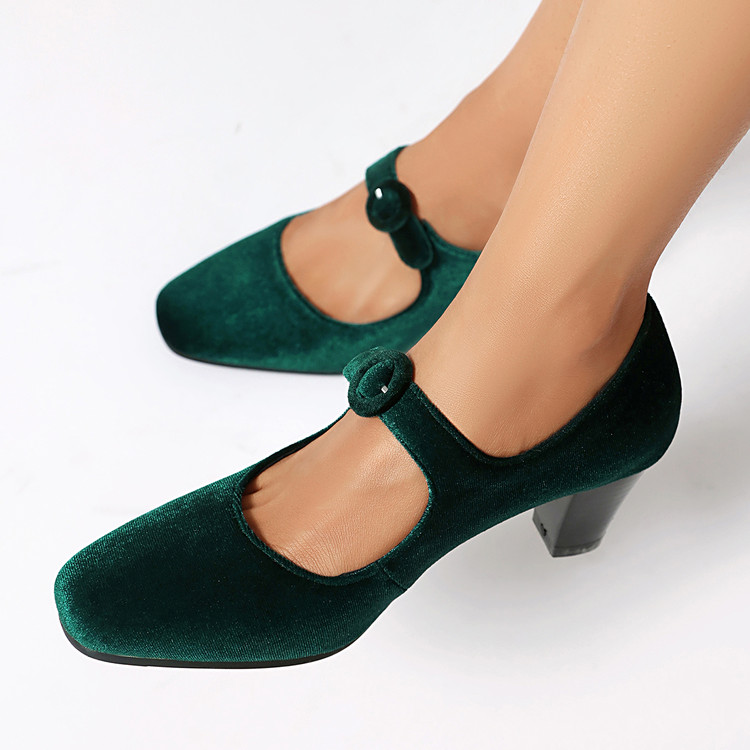 Women's Retro Mary Jane High Heel Shoes Suede Square Toe Buckle
