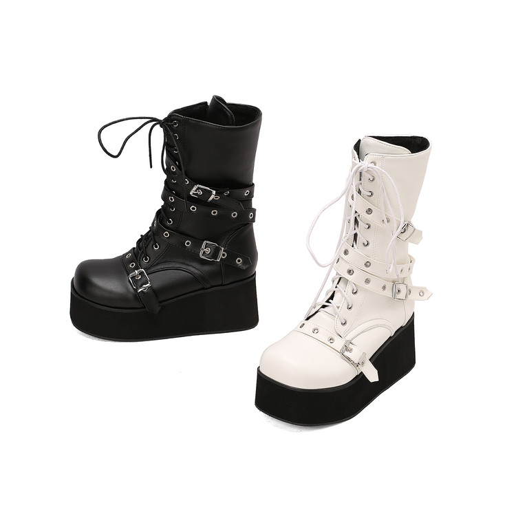Women's PU Mid Heel Round Toe Short Fashion Boots
