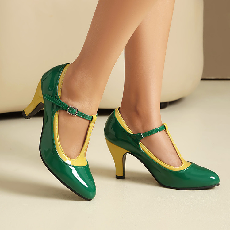 Women's T-Strap High Heel Pumps - Faux Leather, Rubber Sole, Round Toe, Buckle Closure, Spring 2026, Minimalist Style