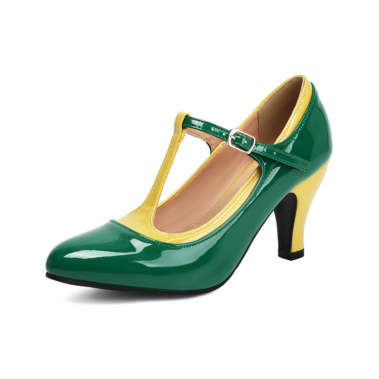 Women's T-Strap High Heel Pumps - Faux Leather, Rubber Sole, Round Toe, Buckle Closure, Spring 2026, Minimalist Style - Image 3