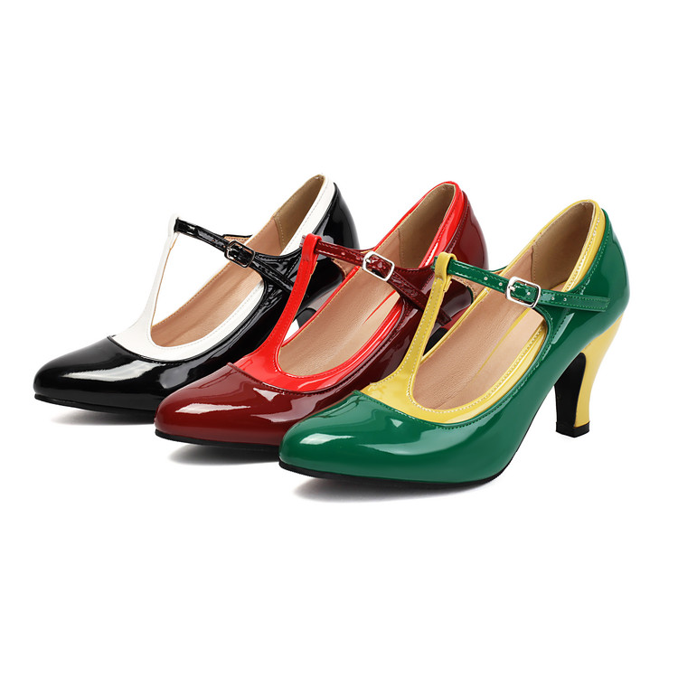 Women's T-Strap High Heel Pumps - Faux Leather, Rubber Sole, Round Toe, Buckle Closure, Spring 2026, Minimalist Style - Image 4