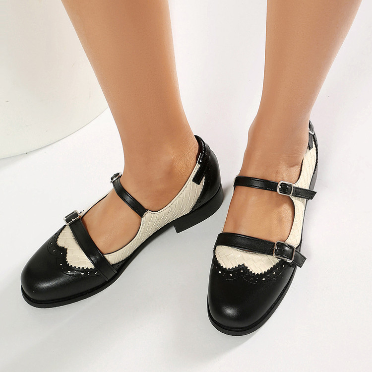 Women's Retro Flat Shoes with Buckle Strap and Color Block Design - Style o.html